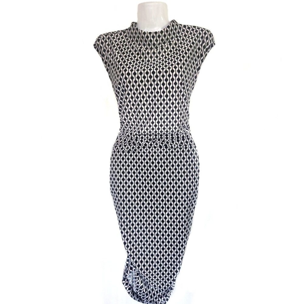 Sleevless Geo Print Cowl Neck Fitted Dress Size Large